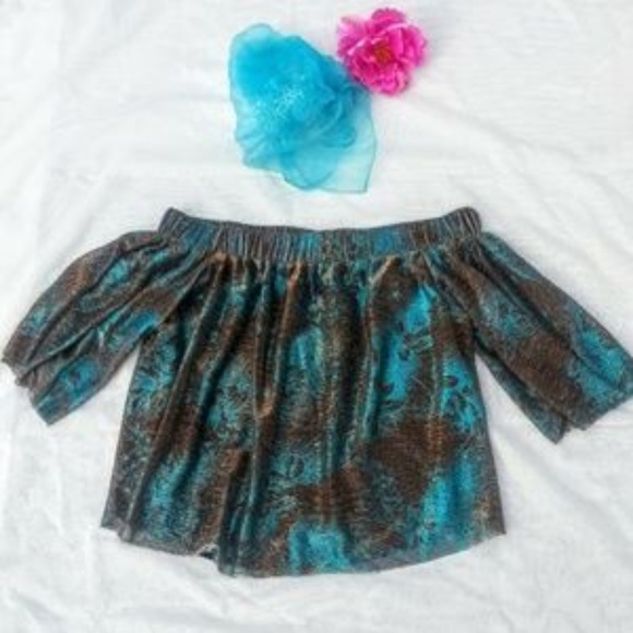 Sugarlips metallic blue bronze flowy off-the-shoulder top sz S - Picture 2 of 8